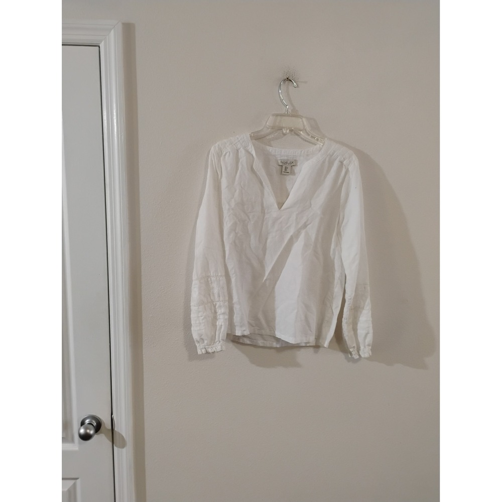 Rachel Zoe White Linen Blend Lace Pintuck Split Neck Peasant Blouse Small